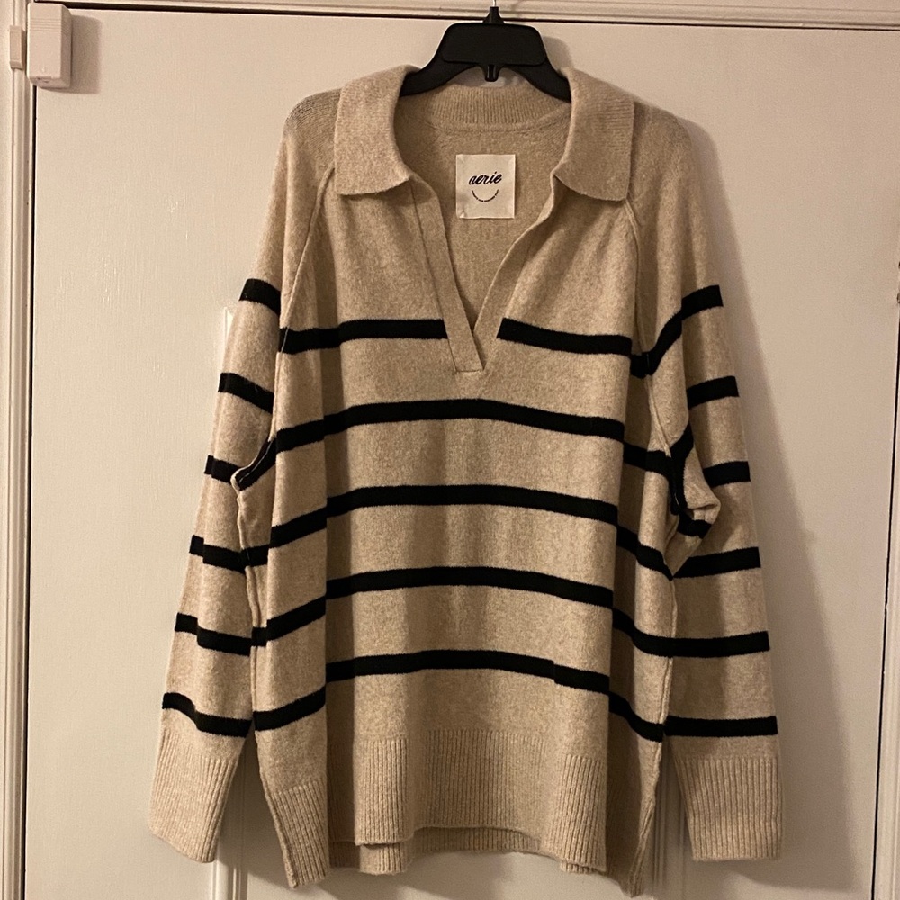 Aerie Beige and Black Striped Collared Sweater. Super soft!